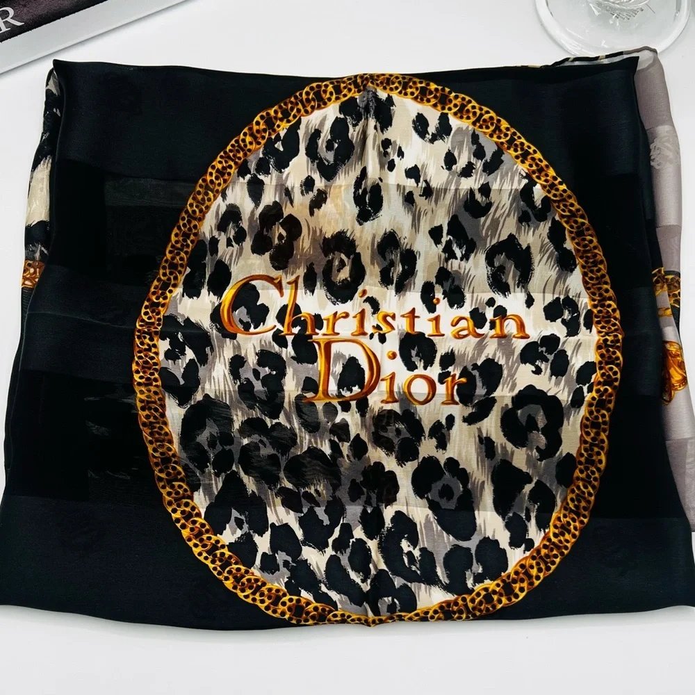 Dior Vintage Black and Gold Animal Print Scarf